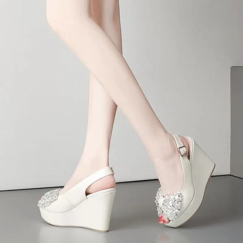 

Slope Heel Thick Soled Sandals Summer New British Style Open Toe Waterproof Platform High Heels Shoelaces Diamond Women's Shoes