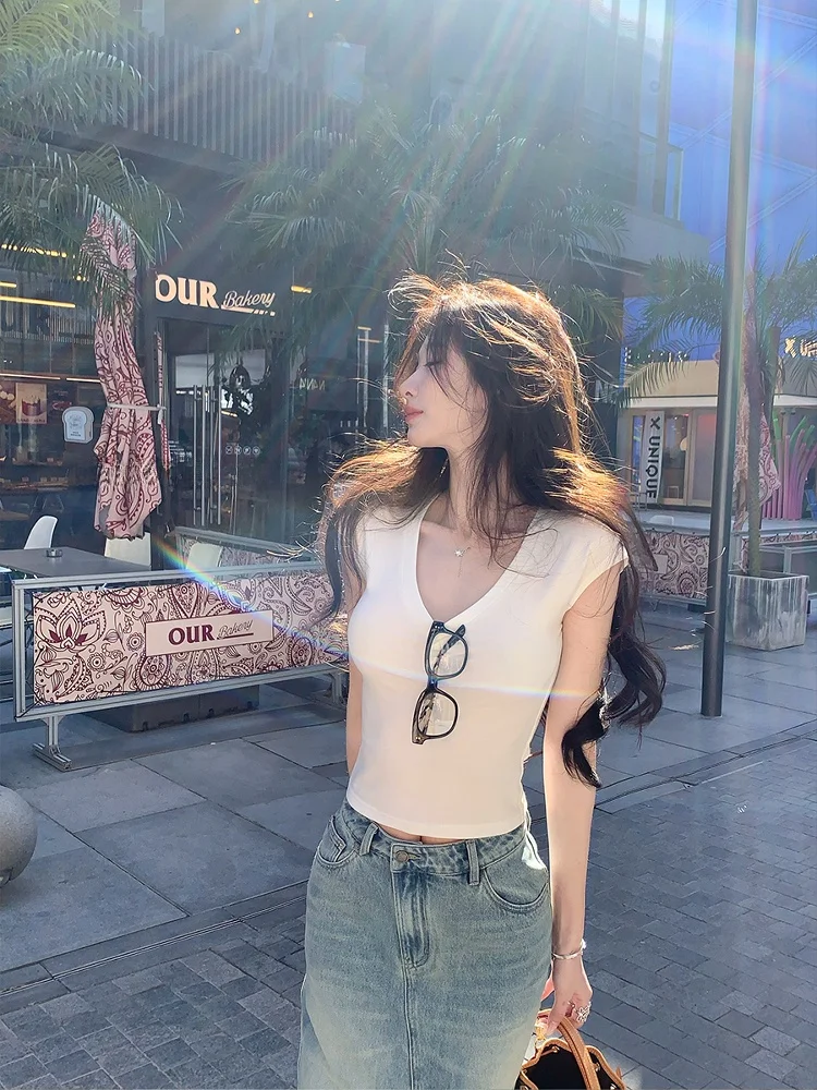 

Achi Silk Wool V-Ne White T-irt Slim Fit ort Sve Flng Sve Top Commute Sle Pure Color Summer Women's Faion