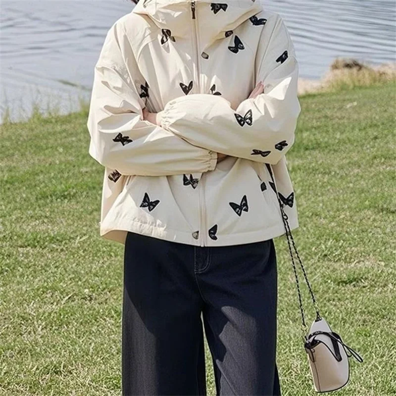 

2025 Spring Autumn Casual Hooded Jacket Women Fashion Loose Printed Outwear Wind Double-layer Lined Coat Female Short Tops