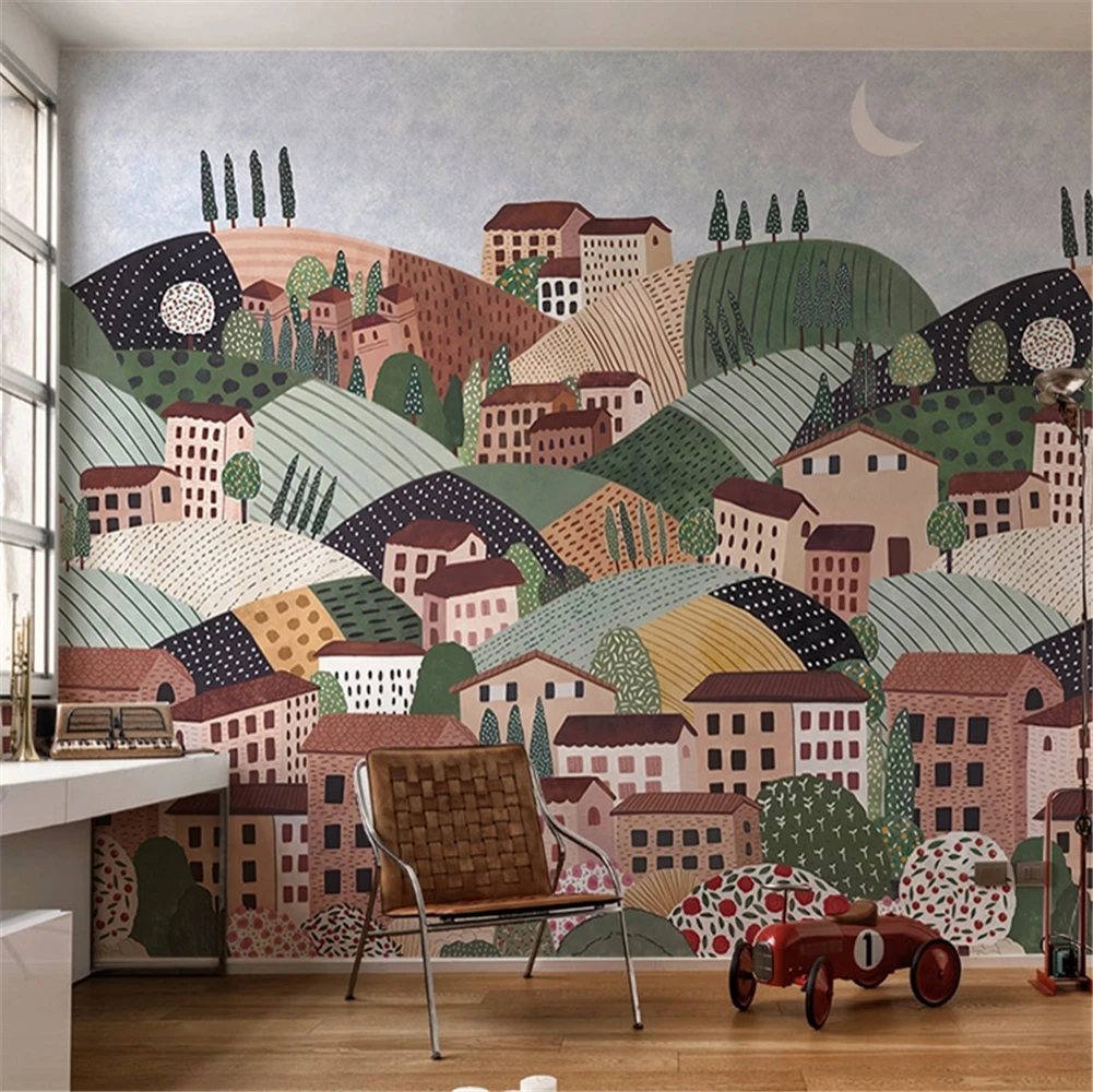 custom Nordic town street art mural wallpaper for children's room wallpaper for boy girl room cartoon background 3D wall paper