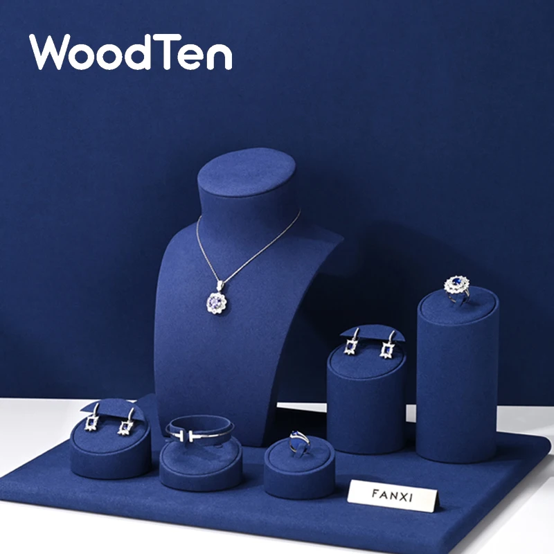 WoodTen Advanced Blue Jewelry Display Props microfibra Shop Counter Display collana anello pendente orecchino espositore per gioielli