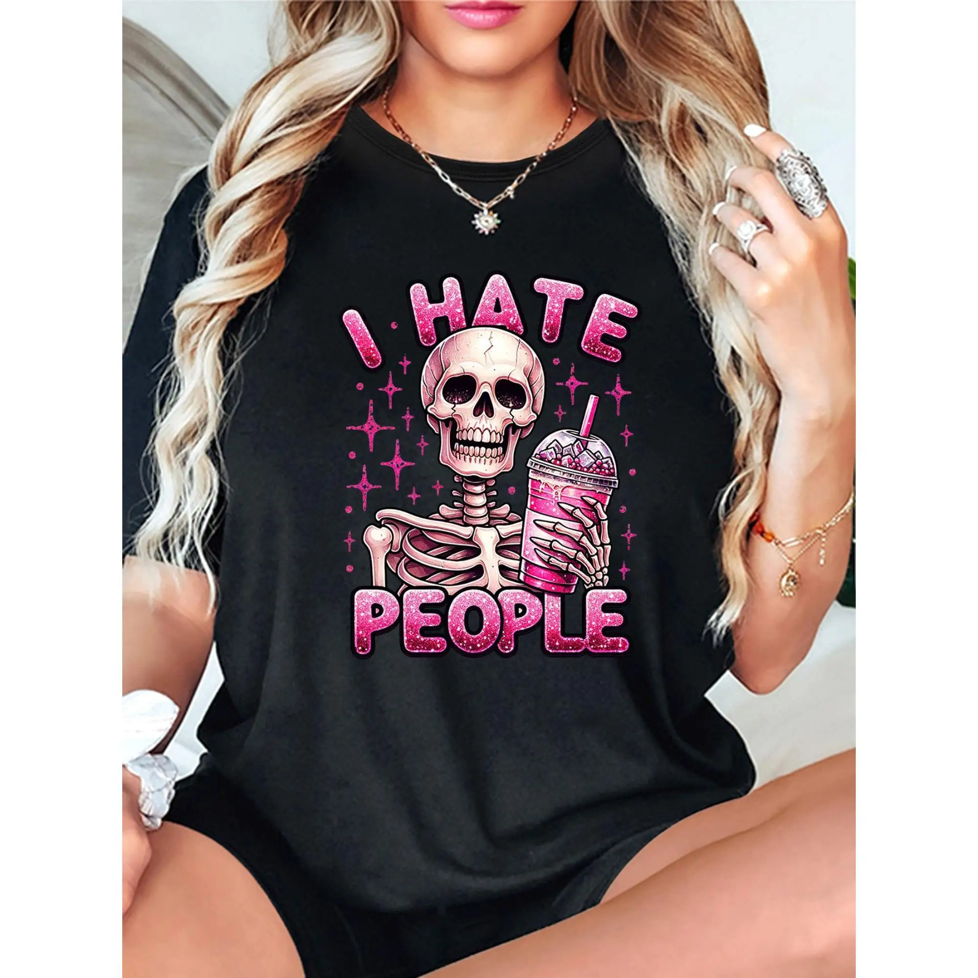 

I Hate People Skeleton T-Shirt Women’s Funny Graphic Tee S-3XL Casual Oversized Streetwear Summer Top 2025 New Arrival