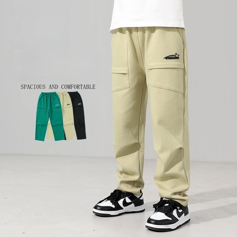 

Boys Cargo Pocket Jogger Pants Star Embroidery Elastic Waist Casual Pants for Kids Streetwear Loose Daily Outer Wear Trousers