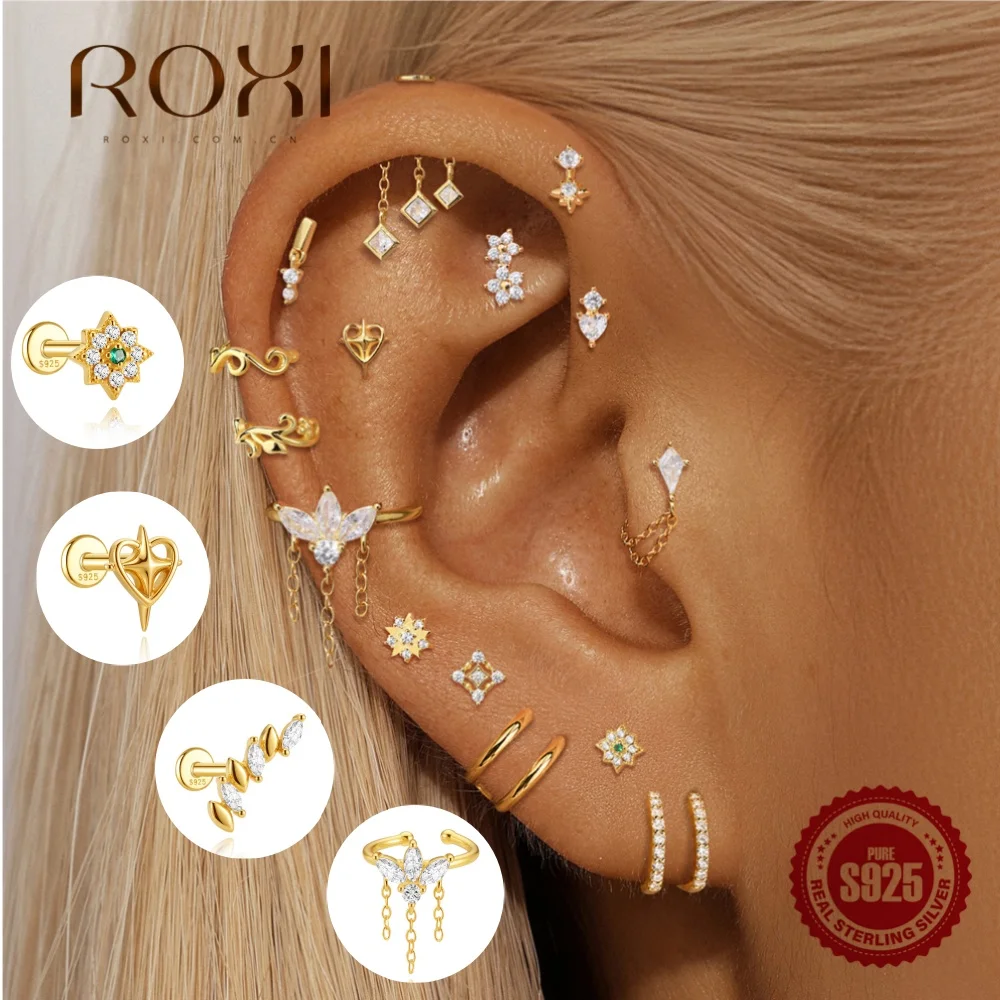 ROXI Boucle d'oreille en argent sterling 925 plaqué or 18 carats, motif branche, pompon et cœur, hypoallergénique, délicate, pour femme, usage quotidien et soirées