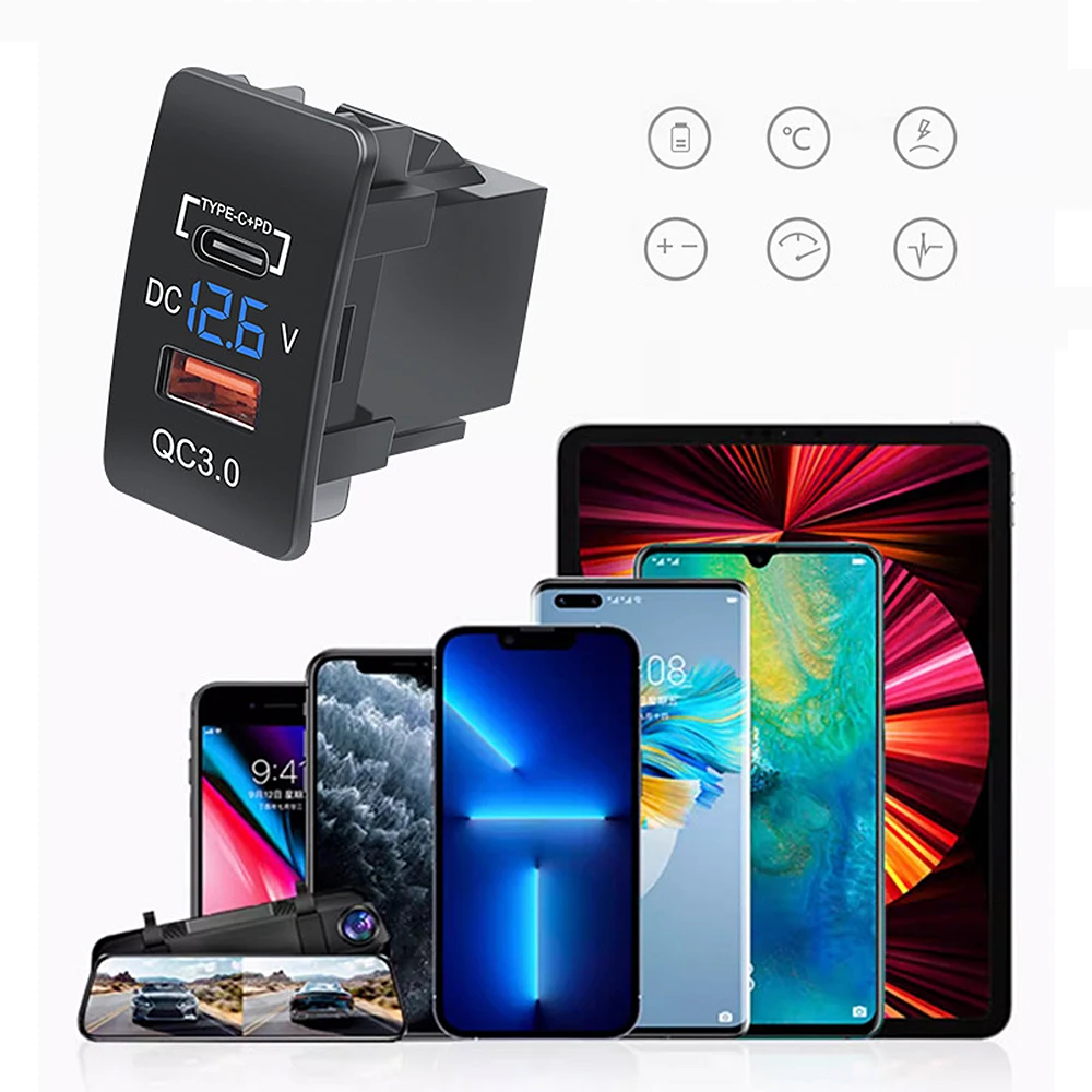 Car Charger Socket QC3.0 PD Fast Charging USB Type-C Outlet with LED Voltmeter for Honda Fit Accord Civic CR-V HR-V Odyssey
