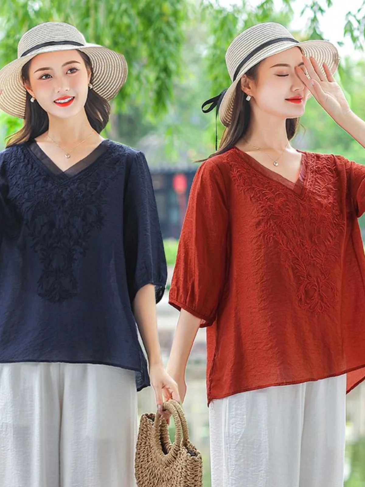 حجم كبير مطرز فضفاض ort Sve V-Ne تي شيرت المرأة Faionable أعلى أمي الصيف جديد Sle تأثير التخسيس