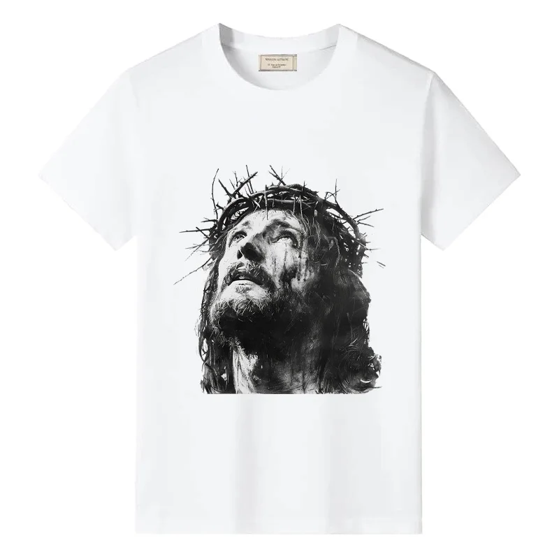 

Summer Men's Casual T-shirt JESUS Print Harajuku Y2k Short Sleeve 100% Cotton Comfortable T Shirts Mens Soft Tees