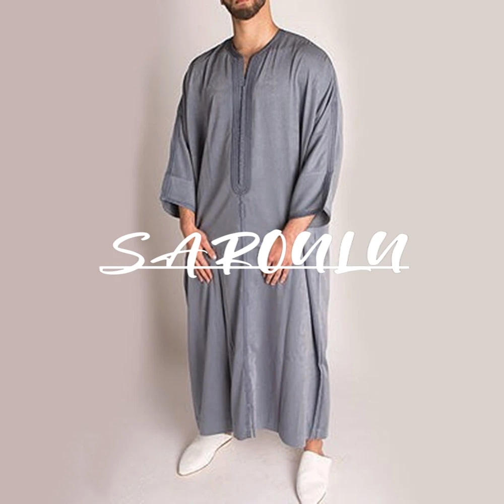 

Arabic Grey Loose Fitting Muslim Robe Popular In Stock African Wedding Party Elegant Kaftan Men's Shirt Fast Shipping M-4XL