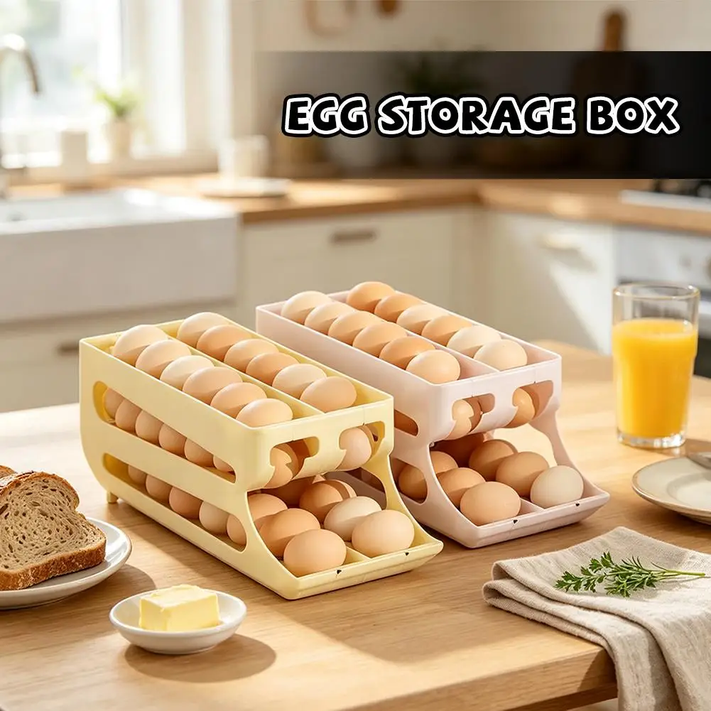 Three Tier Double Row Egg Storage Box Ladder Style 7° Slope Auto Rolling Fridge Egg Holder Large Capacity Space Saving Kitchen