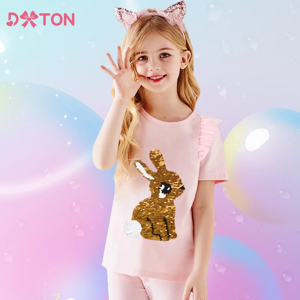 DXTON Summer Girls Shorts Sleeve T-shirts Sequin Rabbit Girls Tops Patchwork Baby Girls T Shirts Children Toddler Girl Clothing