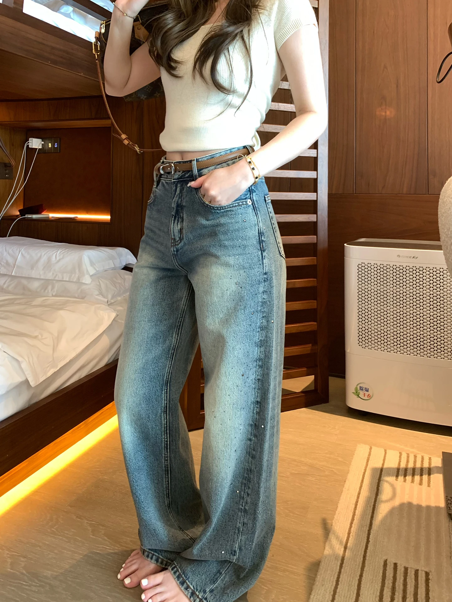 

Vintage Distressed Denim Wide Leg Pants Women's Loose Casual Straight Cut Long Trousers Summer New Style Cotton Fabric