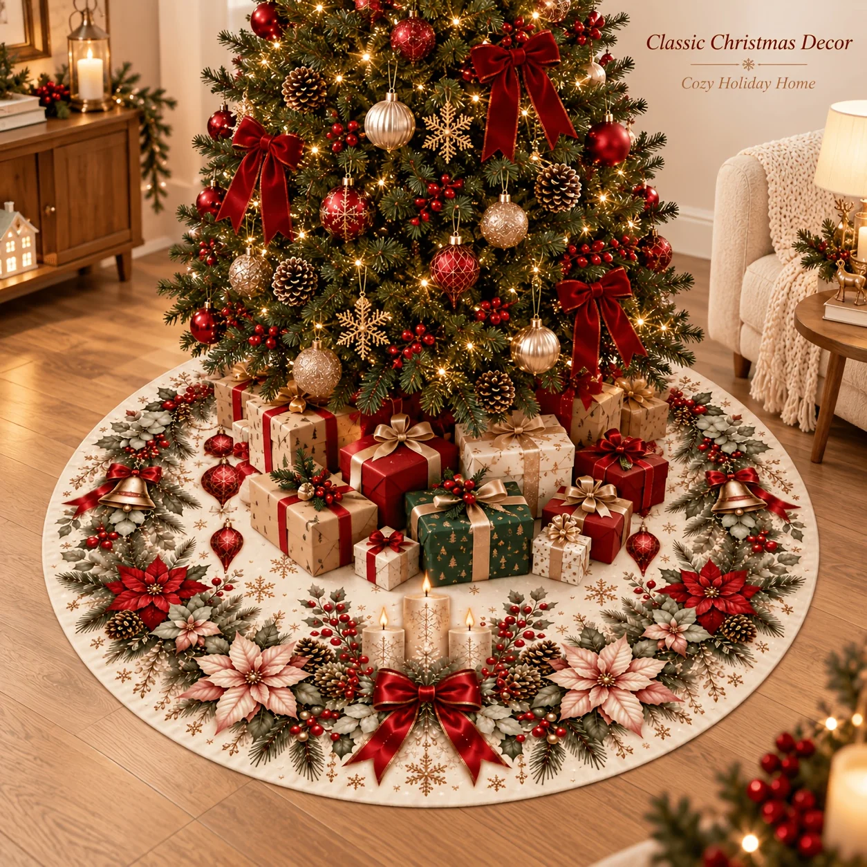VIKAMA Christmas Round Rug Snowy Log Cabin Village Pine Wreath Reindeer Fox Plush Non Slip Soft Area Rug for Living Room Bedroom