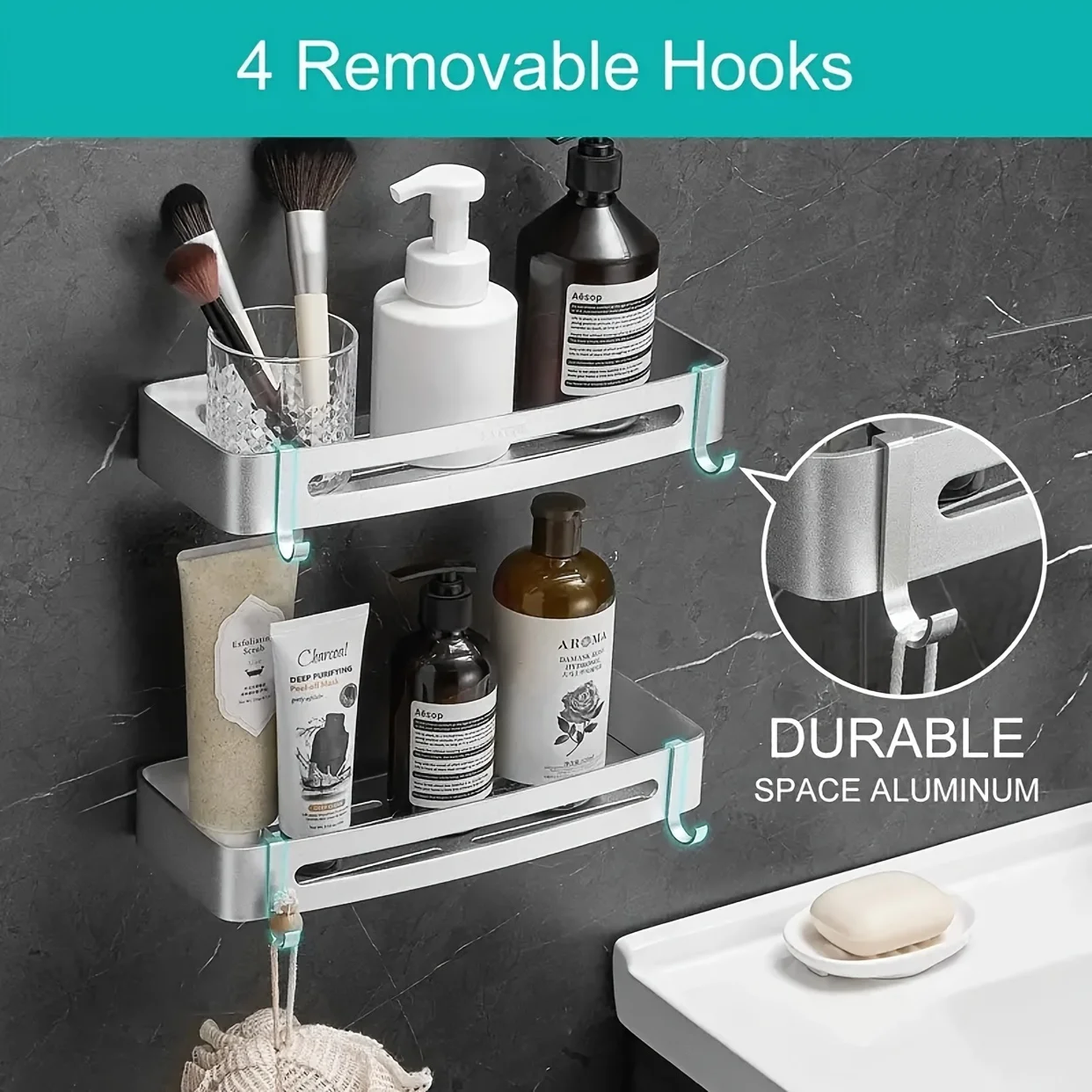 Shower Caddy Bathroom Shelves, 2 Pack with Tower Rack and Hooks, Aluminium Shower Organizer for Bathroom Storage & Home Decor