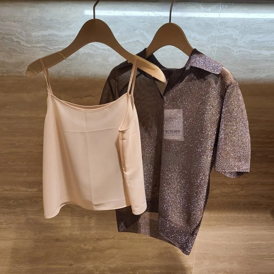 

High Quali Knitted Cover up + Strap Two Piece Set Versatile Top Commute Sle ort Sve Flip Collar Regular Length