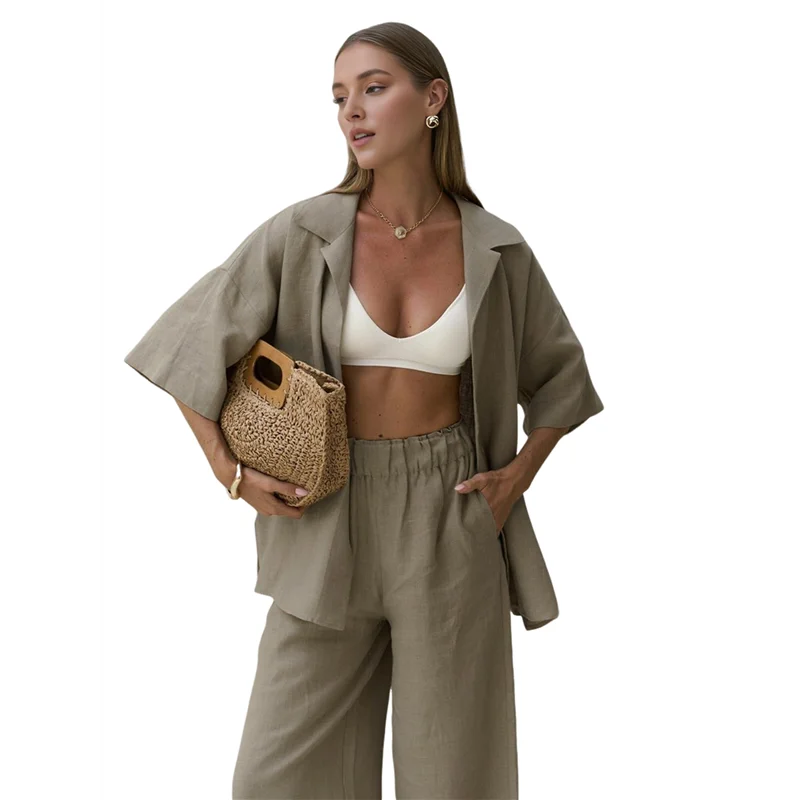 A09P Conjunto de 2 piezas para mujer, color sólido, manga larga, pantalones de lino, traje, camisa, chándal de pierna ancha, pantalones rectos informales