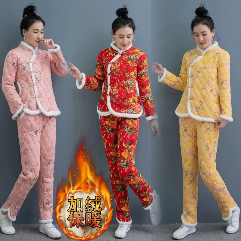 

Print Winter Set 2024 New Women's Plush Cotton jacket And Cotton Pants two-Piece Set Ethnic Style Mother Flower Thick Warm Suits