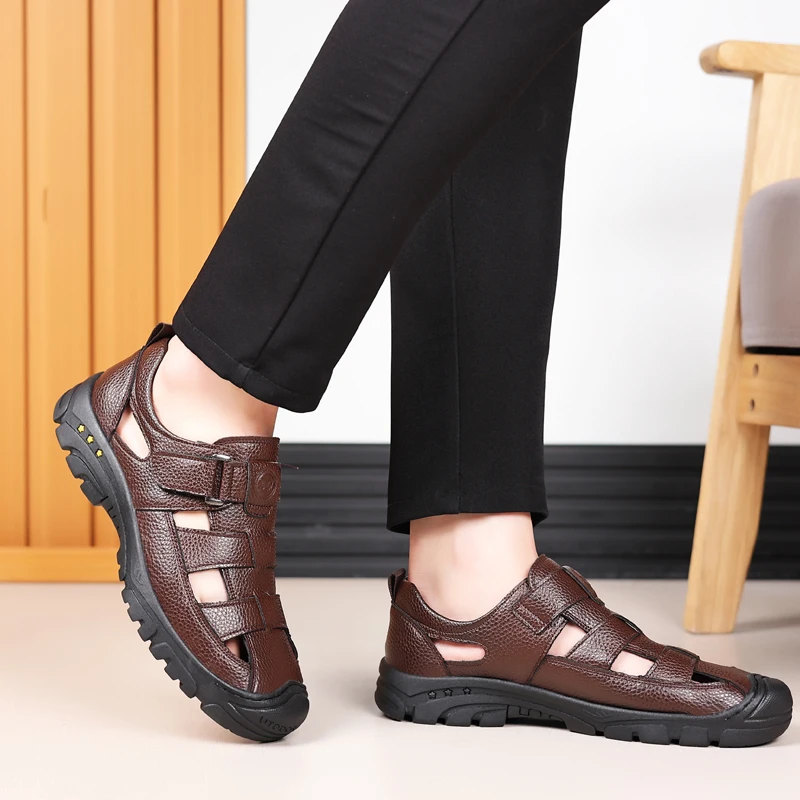 

Summer Lightweight Mens Leather Sandals Brand Outdoor Soft Sole Flats Driving Shoes Comfort Walking Fashion Casual Beach Sandals