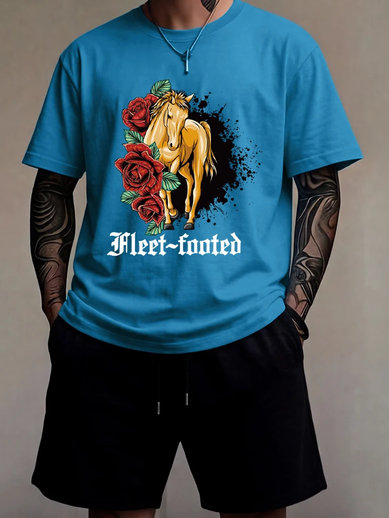 

Horses Are Walking From The Flowers Print Men Loose Summer Tee & Shorts Sport Street T-Shirt Suit Cotton Comfortable Classic Top