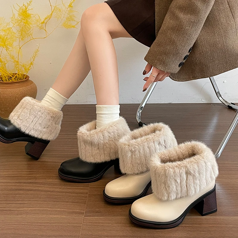 Waterproof Snow Boots Winter New Round Toe Spliced Plush Block Heel Women's Shoes
