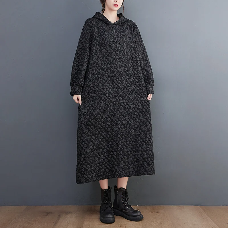 #3336 Black Red Sweatshirt Hooded Dresses Women Warm Thick Pullovers Straight Long Vintage A Line Dress Female Midi Loose Winter