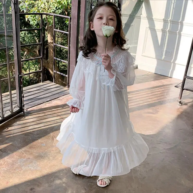 Girl Long Sleeve Sleep Dress Baby Princess Comfortable Thin Pajamas Children Mesh Lace Home Clothes Kids Nightgown 6-16Y Wz1149