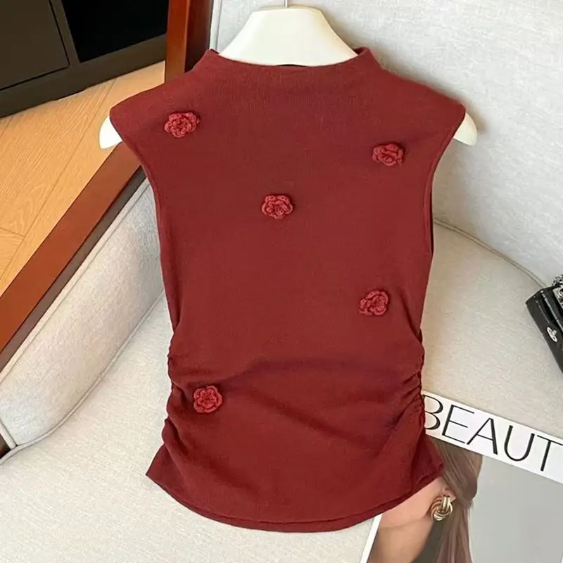 Suéter de punto con flores para mujer, chaleco sin mangas con cuello medio alto, Top ajustado de Color sólido, suéter para fiesta y Club