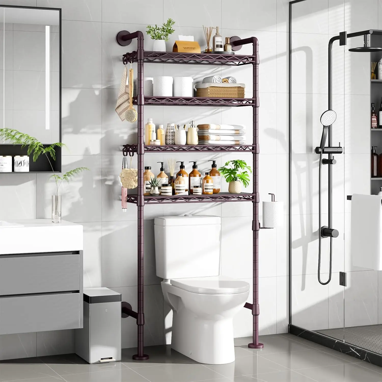 

4-Tier Over the Toilet Storage Rack, Metal Bathroom Organizer with Adjustable Shelf and Paper Hook, Espresso Finish