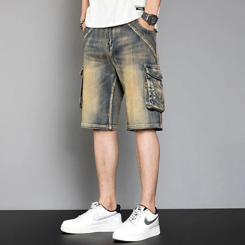 

Retro Faded Workwear Denim Shorts with Multiple Pockets for Big Men Relaxed Fit Above Knee Fashionable Style