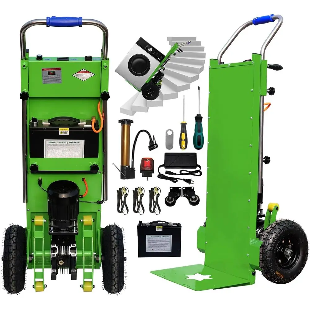 

Электрическая тележка для подъема по лестнице 1500 Вт - грузоподъемность 408 кг, 3-колесная конструкция для перемещения мебели (зеленая, 1 аккумулятор)