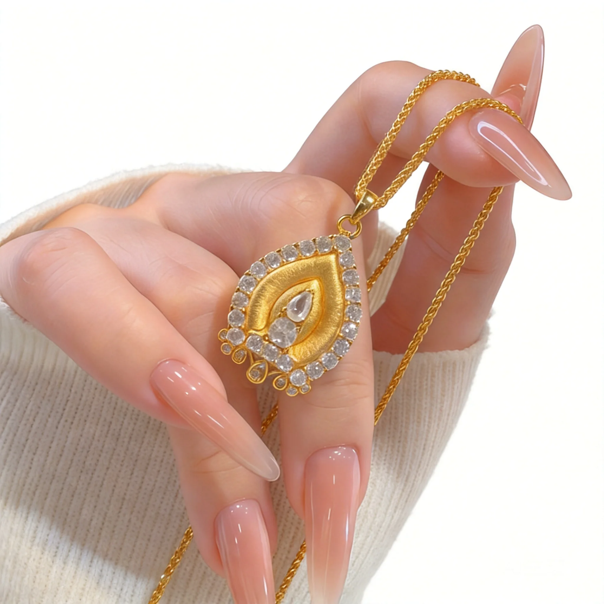 

Chinese Style Vintage Brushed Sand Gold Plated Inlaid Rhinestone Teardrop Buddha Pagoda Pendant Necklace Lucky Blessing Prayer