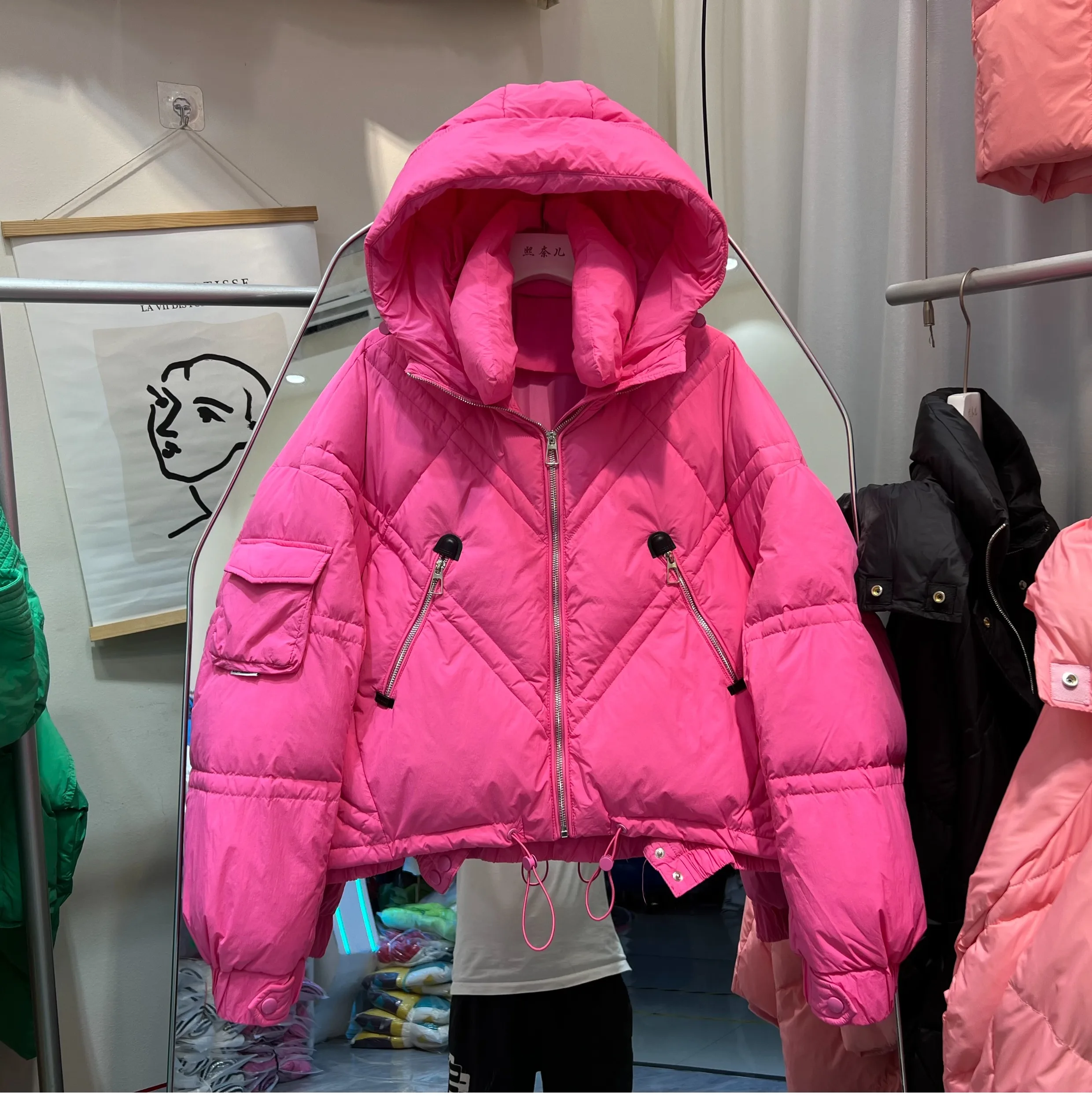 2023 Winter Womens Zipper Candy Color Puffer Jacket Female Loose Warm Short Hooded Parkas Long Sleeve Pocket Down Coats