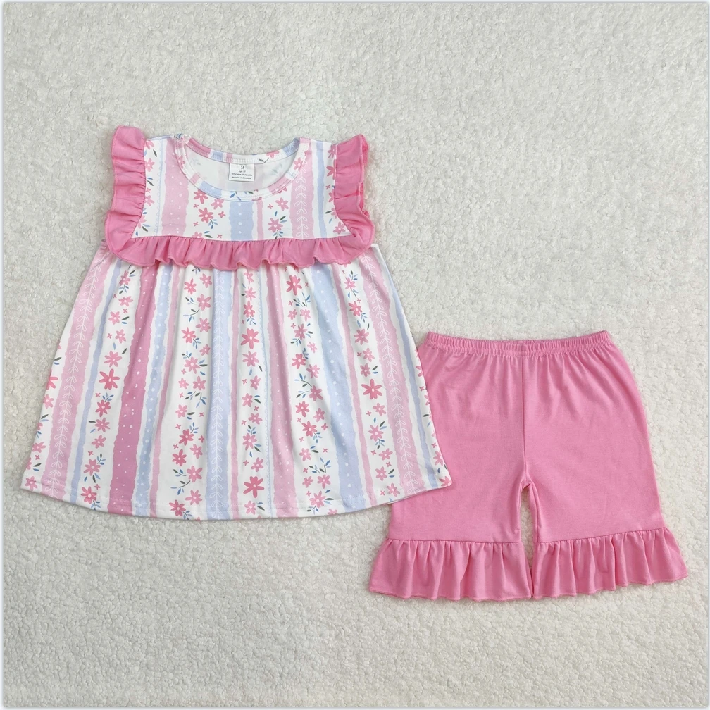 

New Kid girls clothes Boutique Summer Baby Girls Pink Flowers Tunic Shorts Set 2 Pieces Outfits Toddler kids girls clothes
