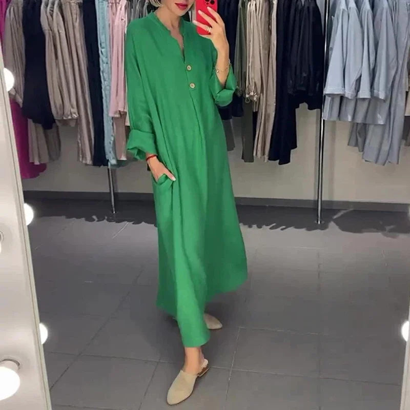 Spring Simple Casual Long Sleeve Loose Basic Dress Ladies Fashion Vestidos A-Line Long Party Dress Solid Color Muslim For Women