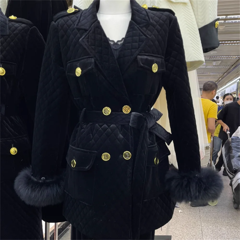 winter clothes gold buckle velvet cotton-padded suit long jacket fur sleeves waist cotton-padded jacket women