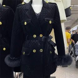 winter clothes gold buckle velvet cotton-padded suit long jacket  fur sleeves waist cotton-padded jacket women