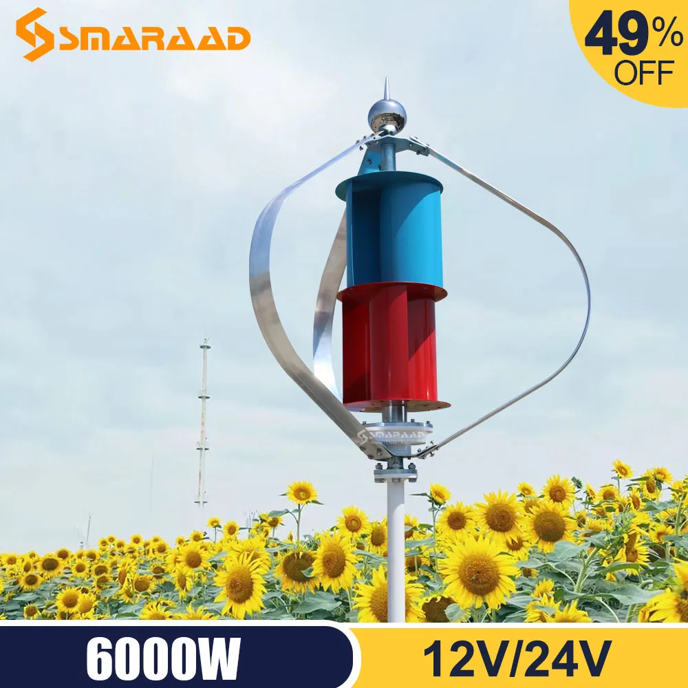 6000W Vertical Wind Turbine Power Generator Free Energy 12V 24V 3 Blade Medium-sized Wind Generator Off Grid System Wind Turbine