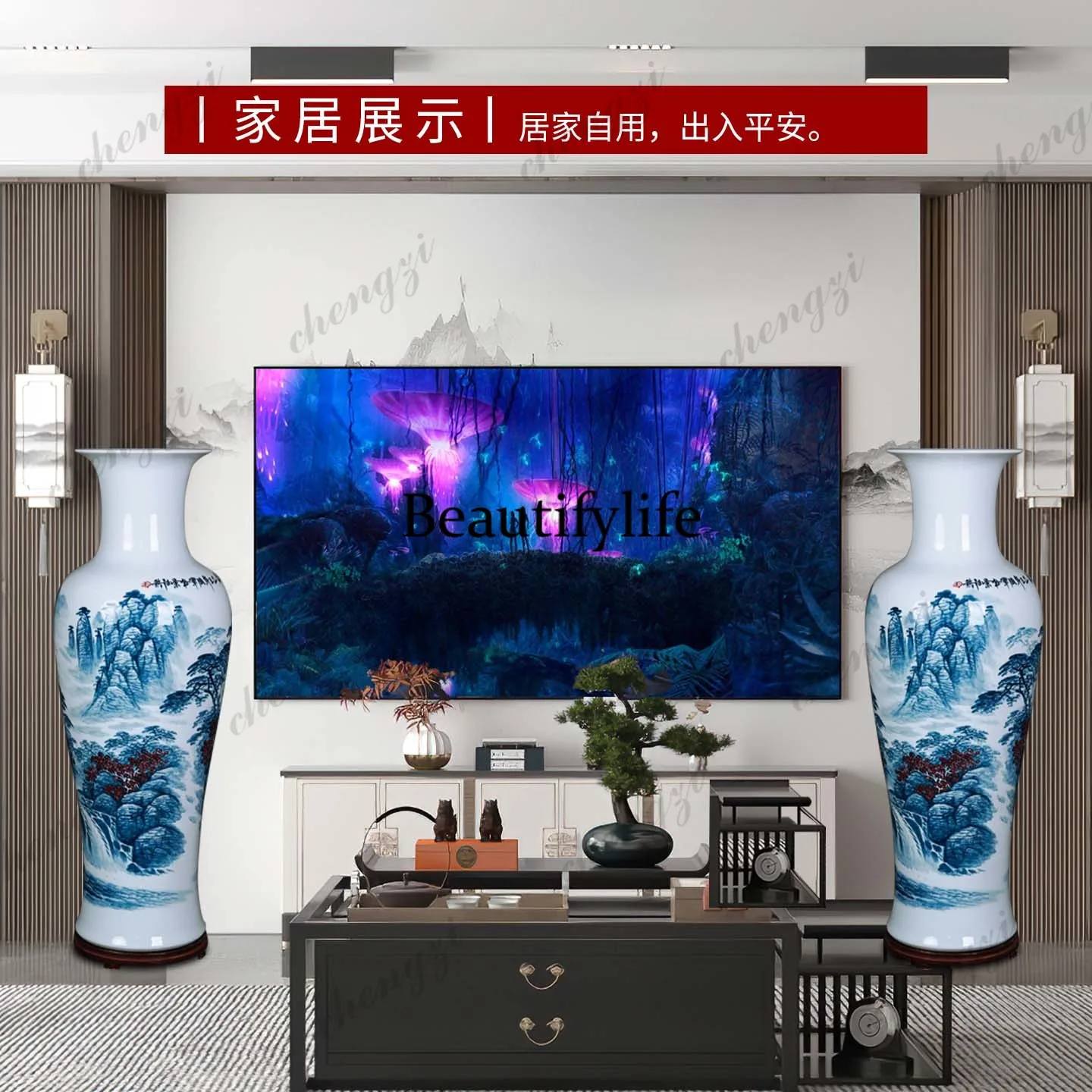 Ceramic master high-end hand-painted large vase living room study hotel company floor-to-ceiling ornament