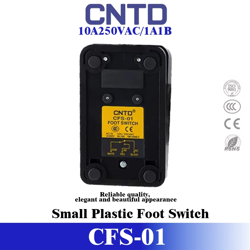 CNTD CFS-01 Mini Foot Switch Plastic Housing 10A 250V AC SPDT Momentary Pedal Control 0.5mm² 3C Cable 1m 100x65x28mm Black