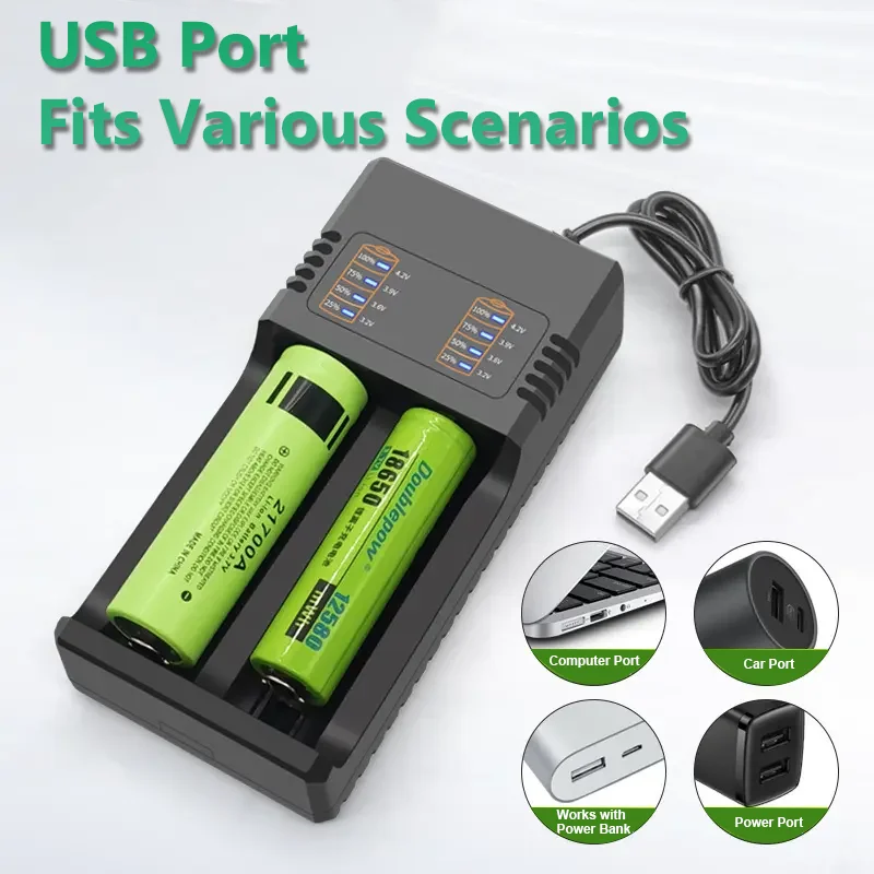 Зарядное устройство 18650, 2 слота, быстрая интеллектуальная зарядка через USB — для перезаряжаемых литиевых батарей (18650/26650/14500/16340) 2025