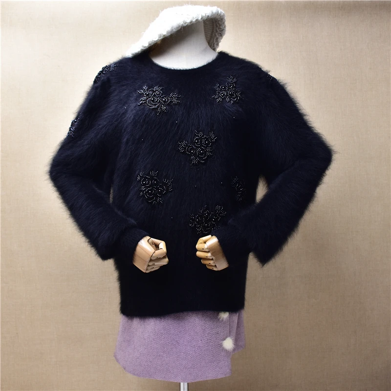 Ladies Women Vintage Hairy Embroidery Beaded Angora Rabbit Hair Knitted Long Lantern Sleeves O-Neck Loose Pullover Sweater Pull