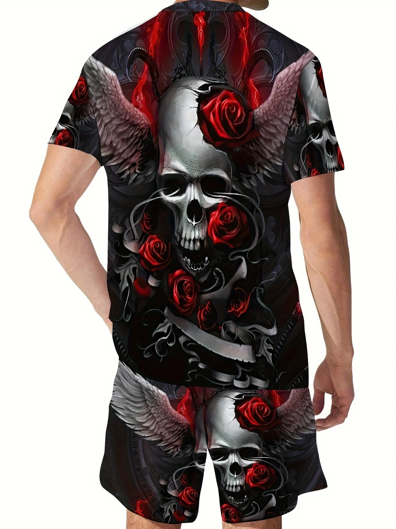 Skull & Rose Pattern 2Pcs Trendy Outfits For Men, Casual Crew Neck Short Sleeve T-shirt And Shorts Set For Summer