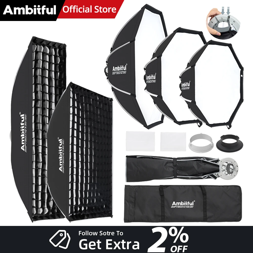 AMBITFUL Q7 Q7S Boîte à lumière octogonale et rectangulaire à montage rapide GODOX + Boîte à lumière à montage Bowens + Boîte à lumière diffuseur