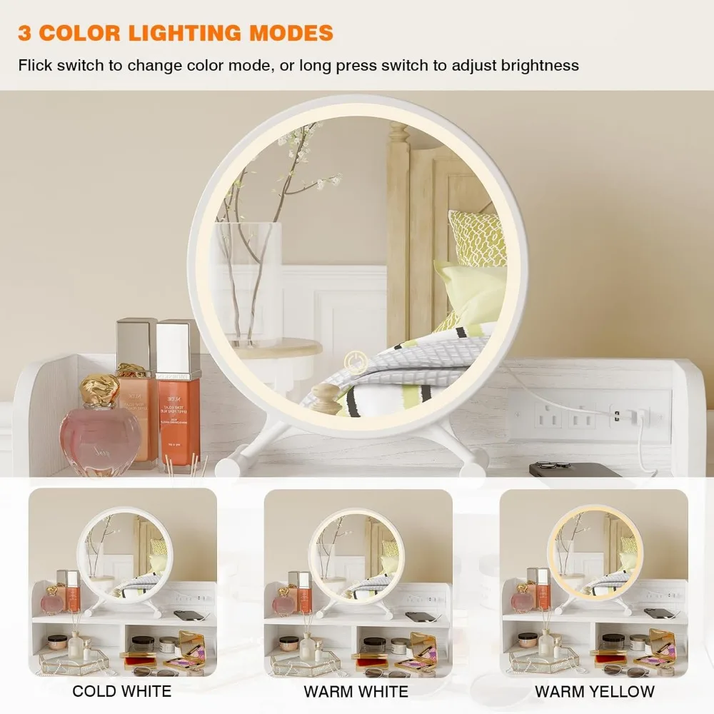 Fixwal White Small Vanity Desk Set with Lighted Mirror and Chair, Makeup Dresser with 2 Fabric Drawers, Power Outlet, Compact Ta