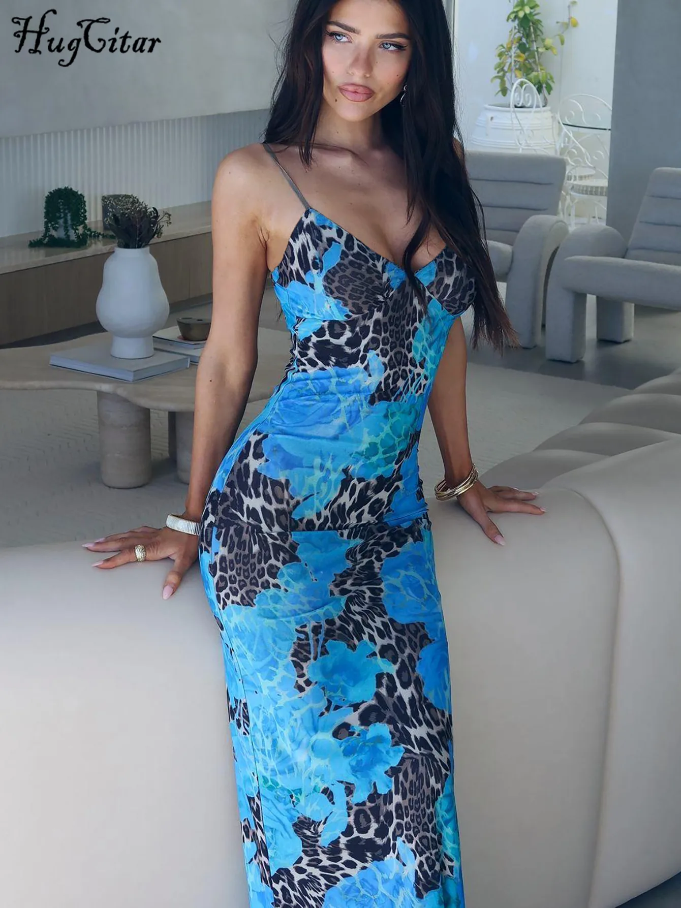 Hugcitar Elegancki nadruk V Neck Slips Backless Sexy Bodycon Maxi Dress 2024 Fall Women Fashion Y2K Outfits Party Festival Club