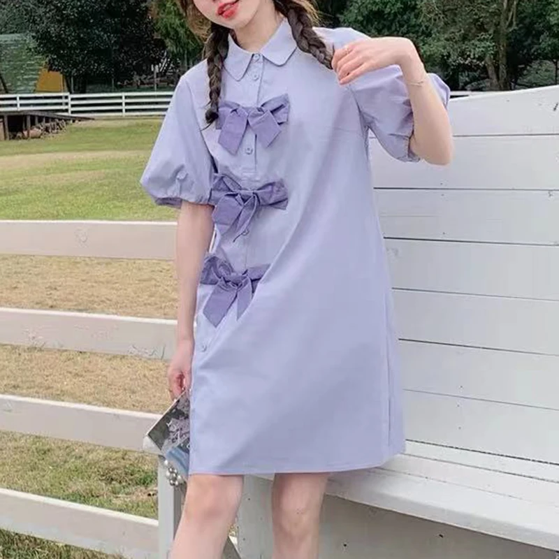 대조적인 나비넥타이 셔츠 드레스 여성 의류 빈티지 드레스 루즈핏 여름 웨딩 드레스 여성용