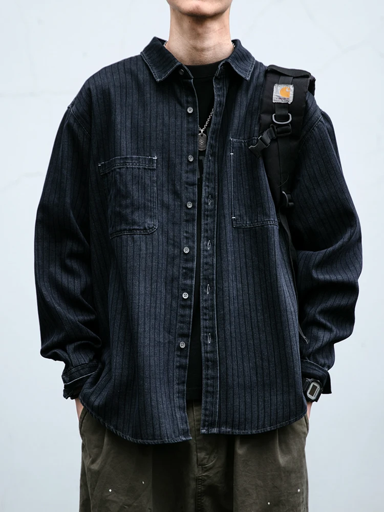 

Ретро-рубашка из выстиранного денима в американском стиле с полосками, мужская, весенне-осенняя, повседневная, свободного кроя, с длинным рукавом, модная рабочая одежда, хлопковая рубашка