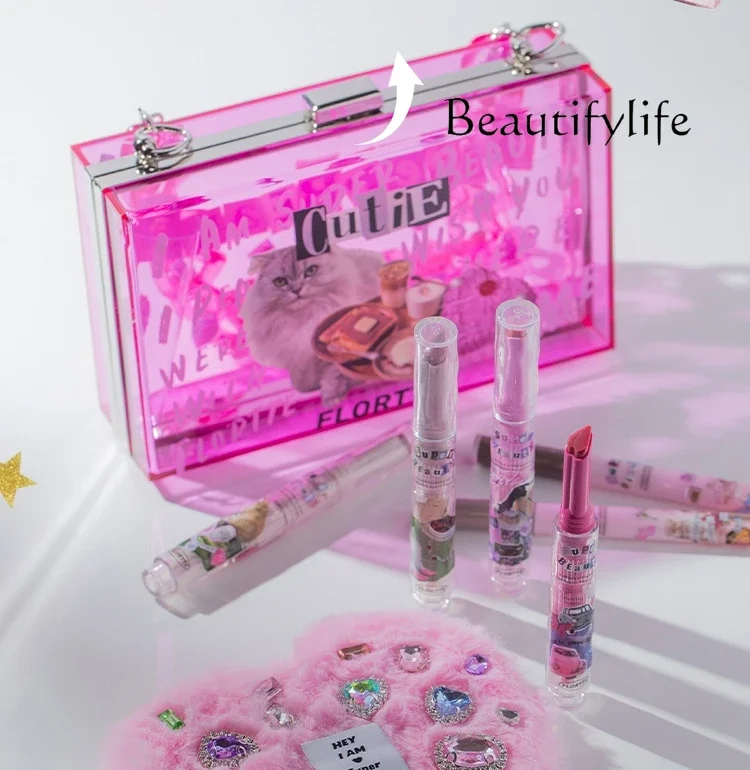 Solid lip gloss, water eyebrow pencil, acrylic makeup gift box, moisturizing, not easy to take off makeup