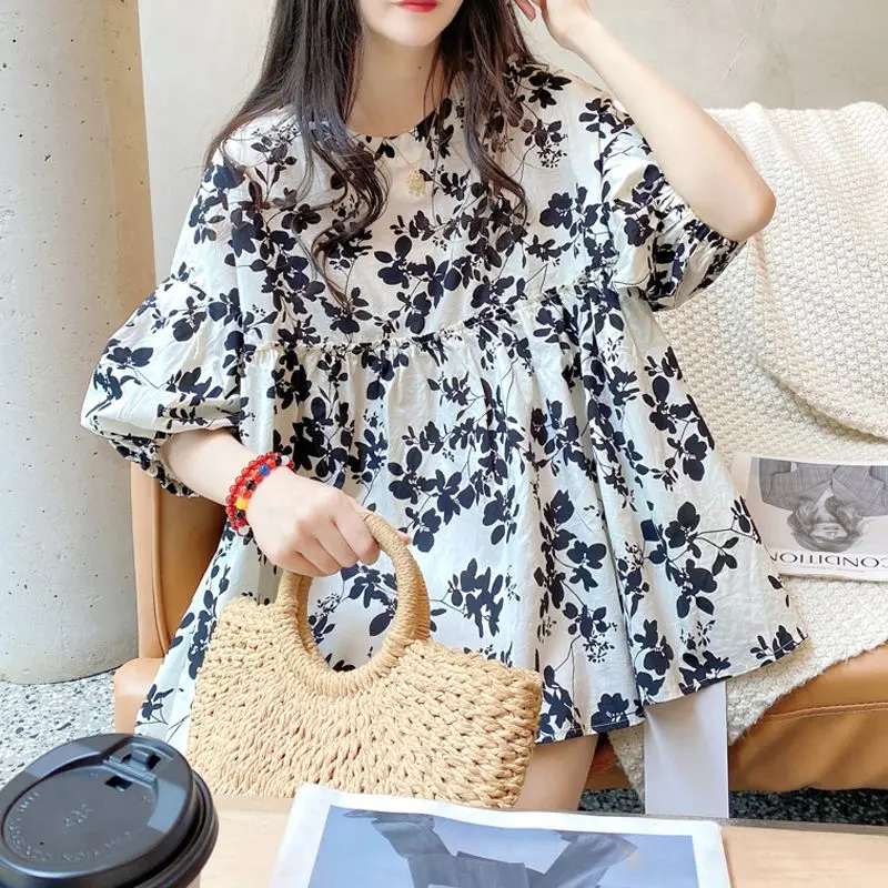 Korean Floral O-neck Blouse Summer New Short Sleeve Print Loose All-match Youth Fashion Shirt Tops Vintage Sweet Women Clothing