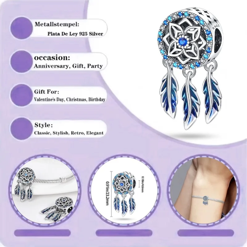 

New 2025 925 sterling silver pendant bead dream catcher original bracelet jewelry gift