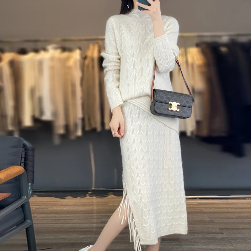 100% Pure Wool Women'S Skirt Suit With Half-High Collar And Tassels Sweater And Skirt Two-Piece Set For Autumn And Winter